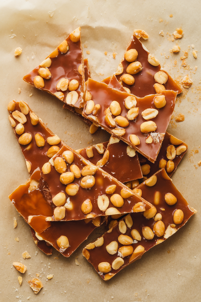 Indoor photo of shards of shiny peanut brittle toffee on parchment, a few crumbs scattered, no text or logos