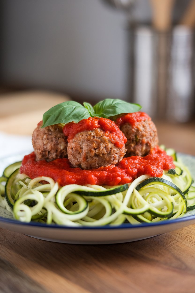 An indoor dinner plate of spiralized zucchini noodles topped with baked turkey meatballs and marinara sauce. No text or logos. Photo.