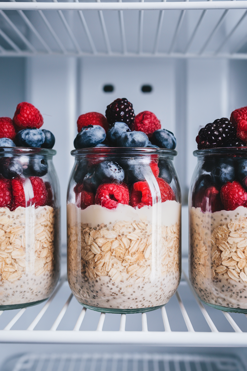 Three glass jars of overnight oats topped with berries lined up on a fridge shelf, indoor photo, no text or logos