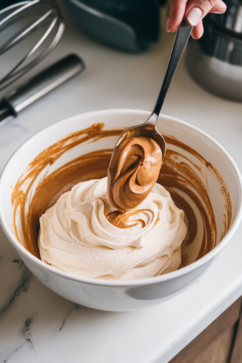 Indoor scene with warmed Biscoff spread being spooned and swirled into buttercream, no text or logos
