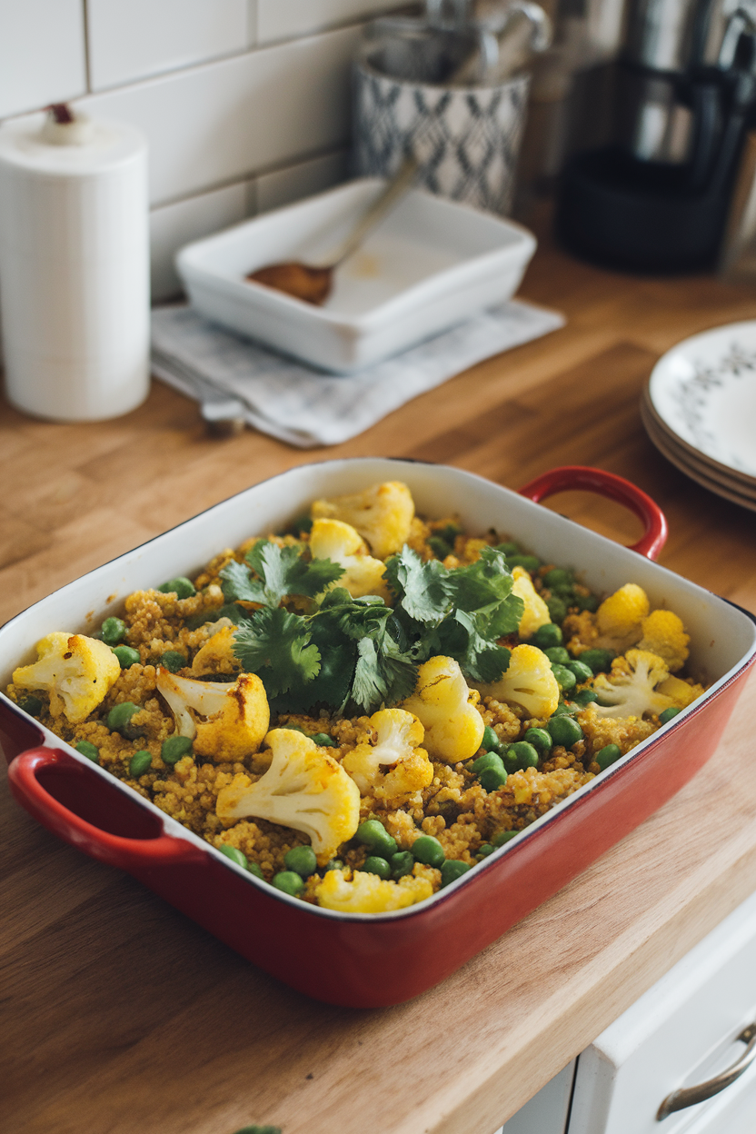 Indoor kitchen counter showing a brightly colored casserole of yellow curry-spiced quinoa, roasted cauliflower, and green peas, garnished with cilantro. No logos or text present.