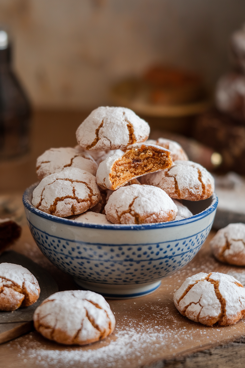 Indoor bowl of round powdered-sugar-coated pfeffernüsse cookies, cracked slightly to reveal spiced interior; no logos. Photo, not illustration.