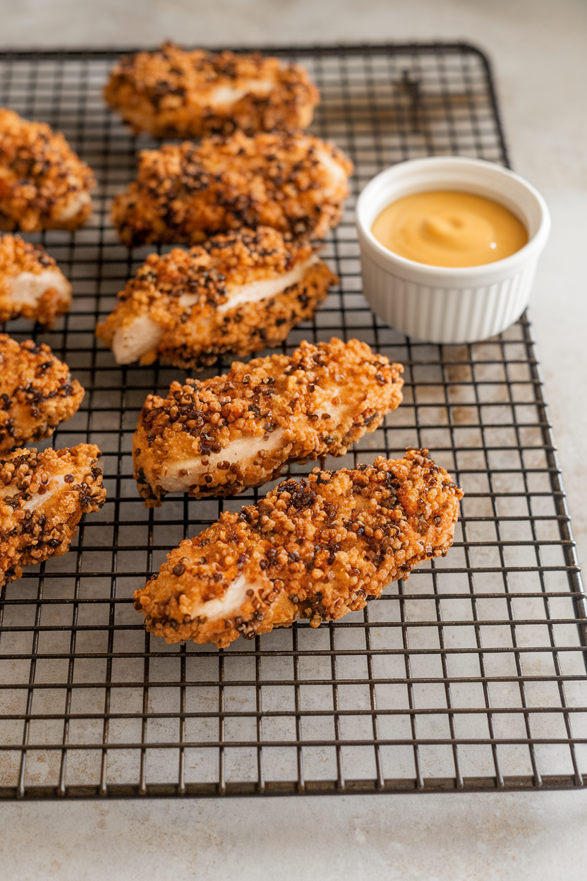 An indoor baking rack holding golden chicken tenders coated with crispy quinoa, small ramekin of honey mustard beside; no text or logos, photo not illustration.
