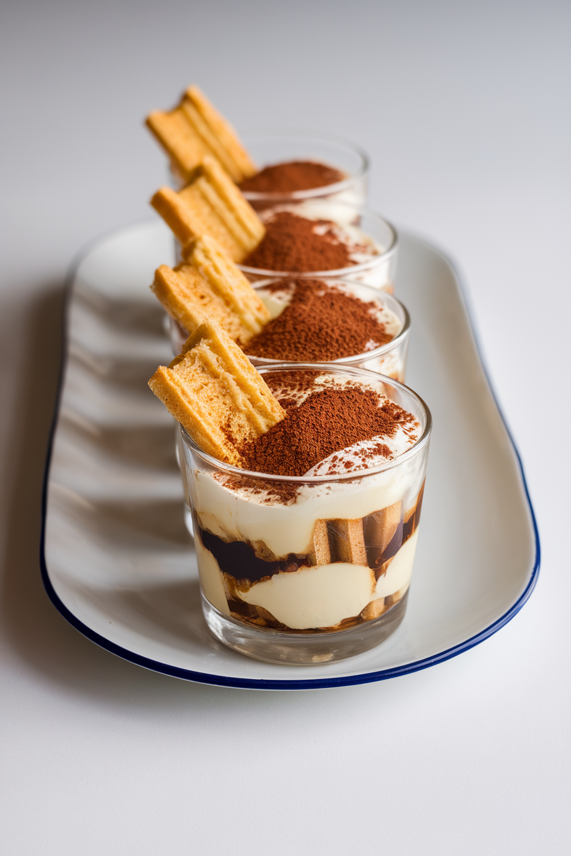 Indoor row of clear glasses layered with espresso-soaked ladyfingers, mascarpone cream, and cocoa dusting; no text or logos