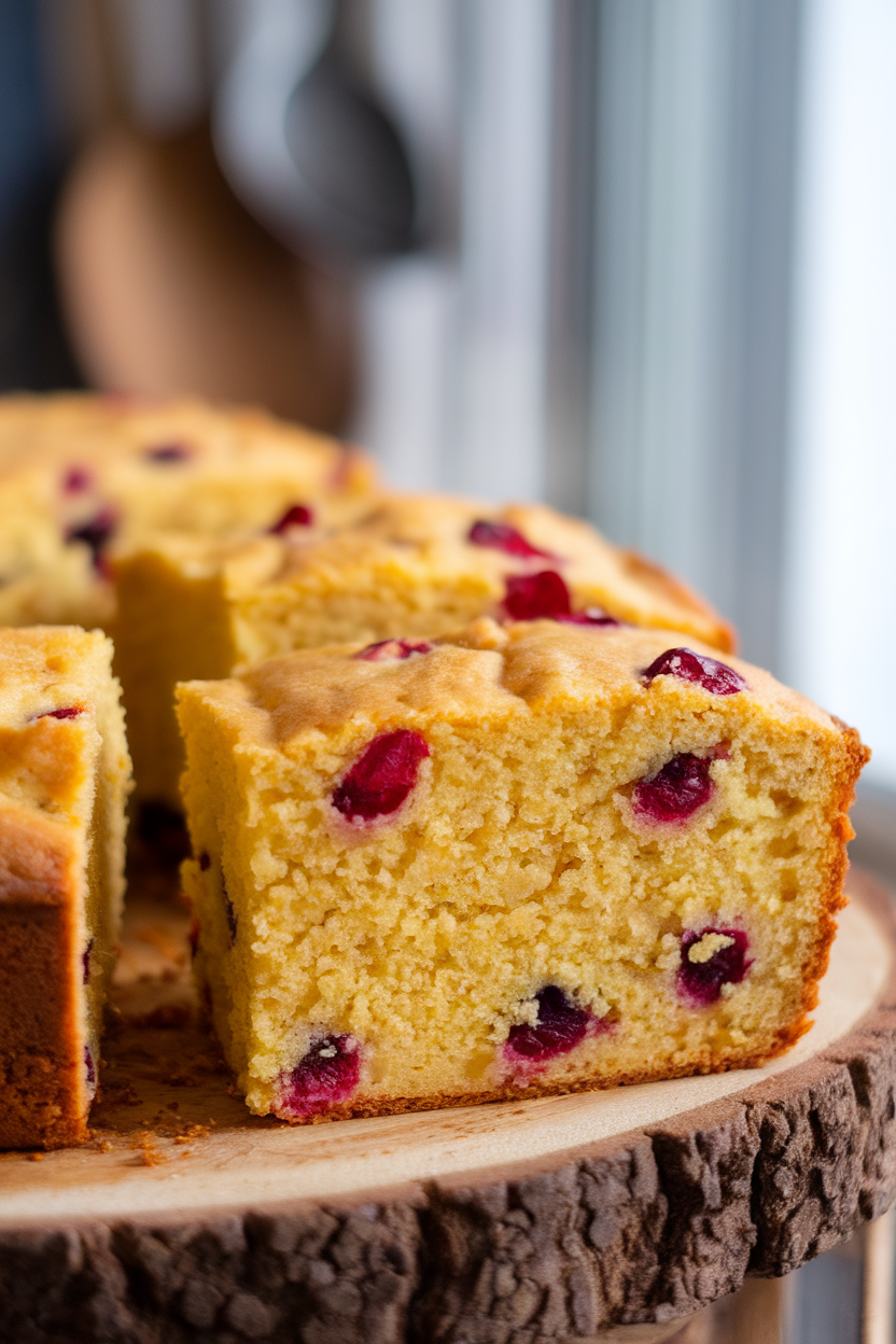 Indoor photo of thick slices of golden cornbread studded with cranberries on a wooden board. No text or logos.