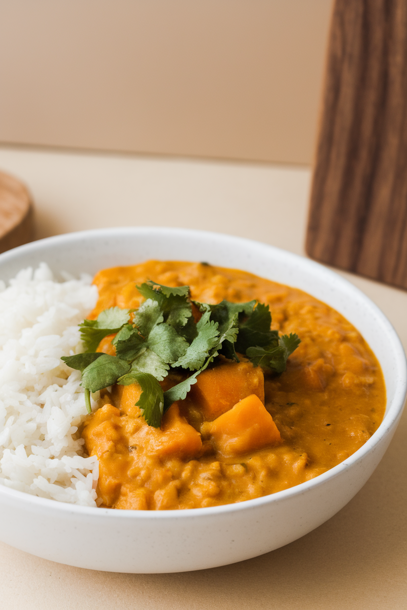 Indoor photo of golden dal with chunks of butternut squash in a white bowl, cilantro sprinkled on top, no text or logos.