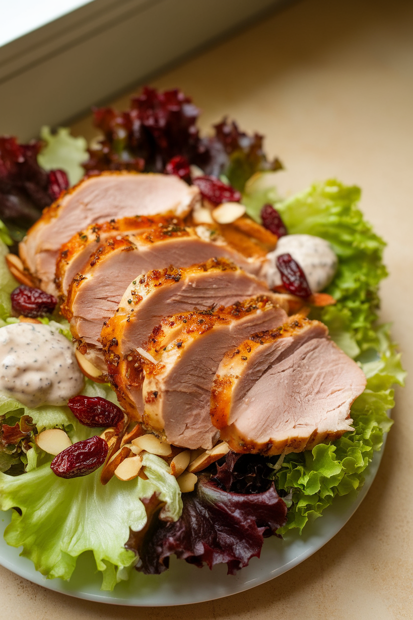 Indoor photo of sliced roasted turkey breast on mixed lettuces with dried cranberries, sliced almonds, and a dollop of creamy poppy-seed dressing. Soft window light, no text or logos.