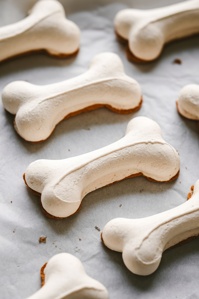 Indoor close-up of bone-shaped white meringues on parchment, crisp edges, no text or logos.