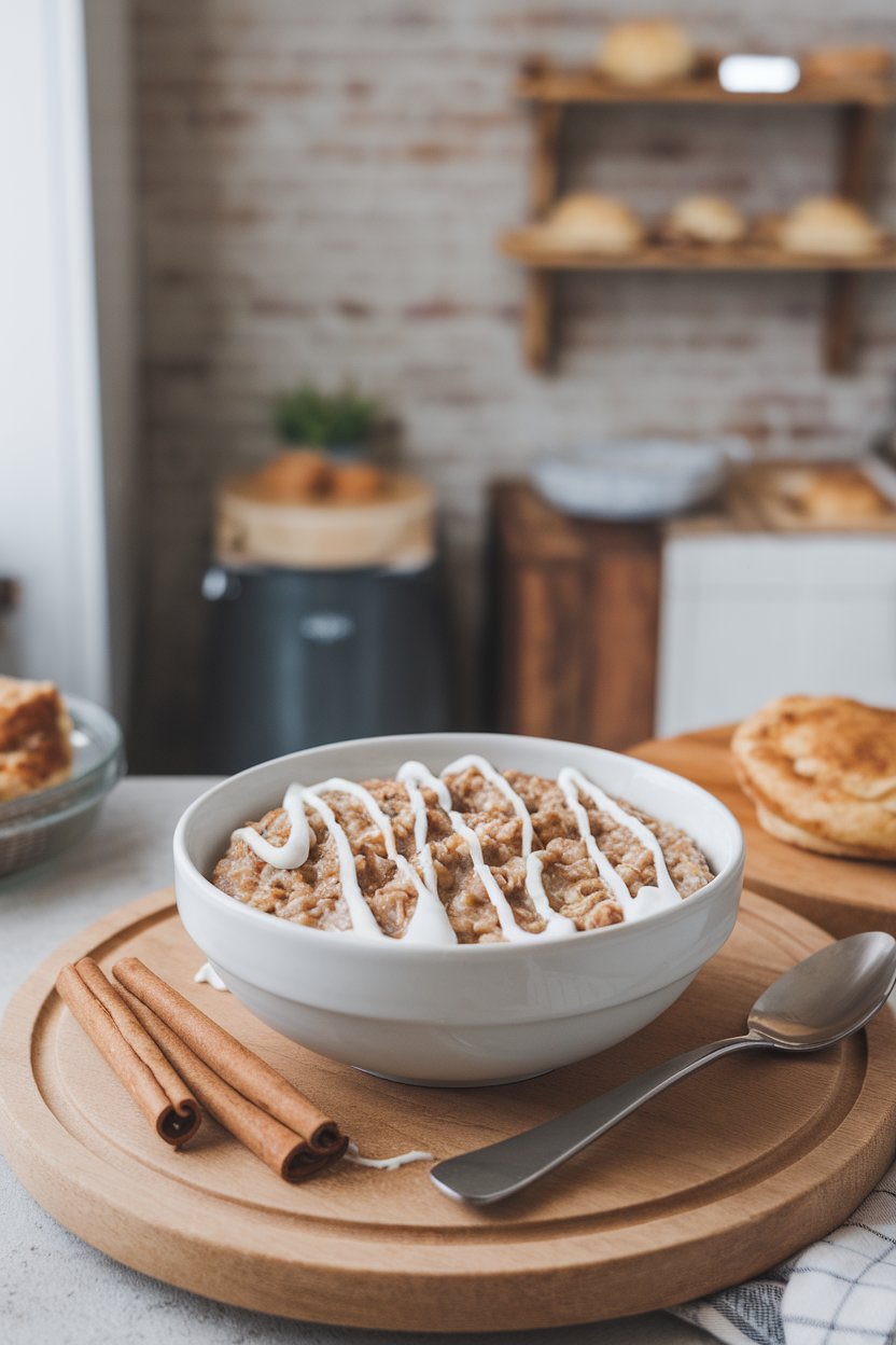 Indoor bakery-style setting with a bowl of cinnamon-swirled oatmeal drizzled with vanilla yogurt “icing.” No text or logos. Photo.