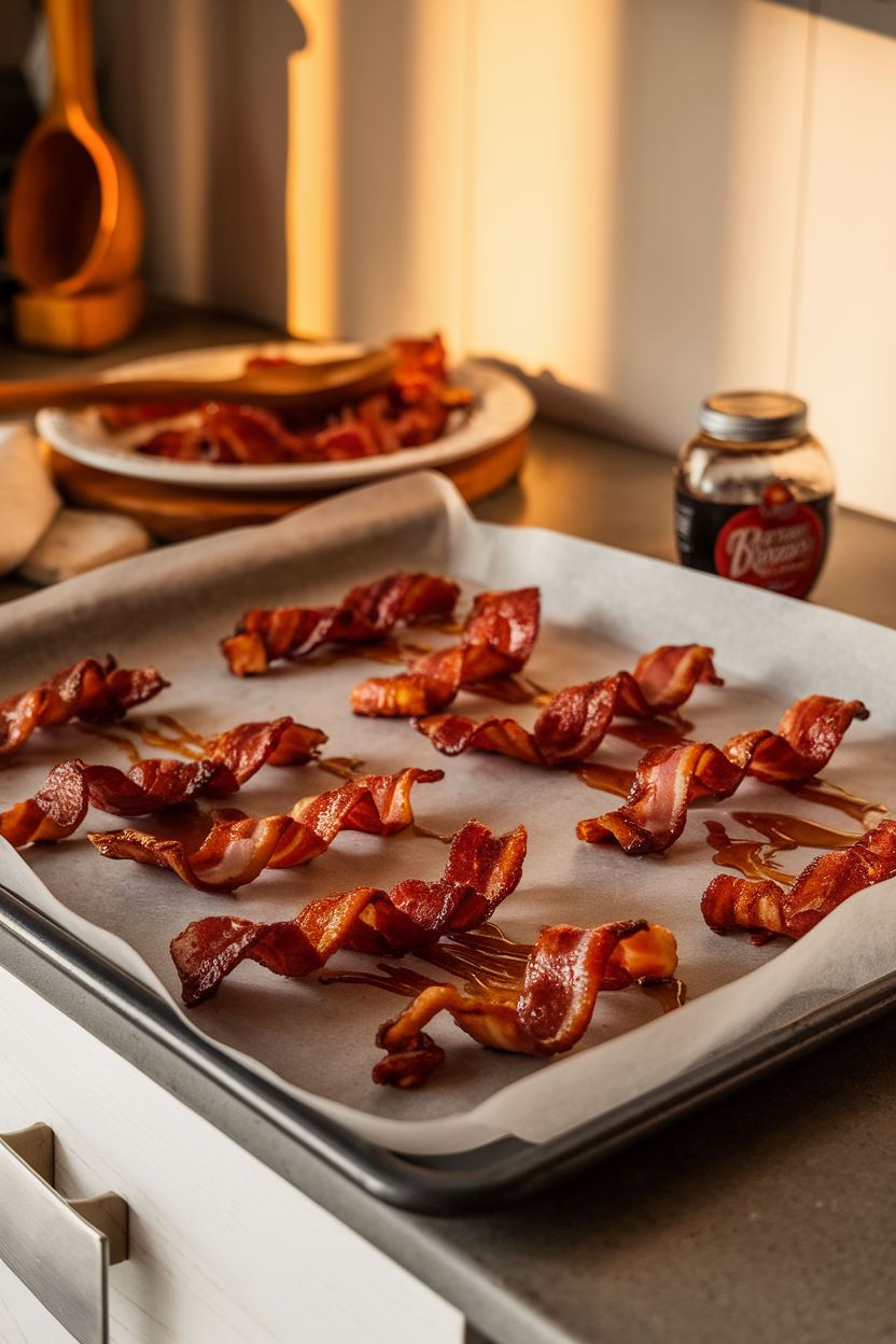 A parchment-lined baking sheet on an indoor counter showing crispy bacon strips twisted and lacquered with maple syrup, warm lighting, no text or logos.