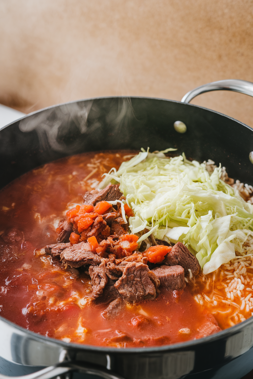 Indoor pot of tomato broth filled with beef, shredded cabbage, and rice, steam rising—no text or logos.