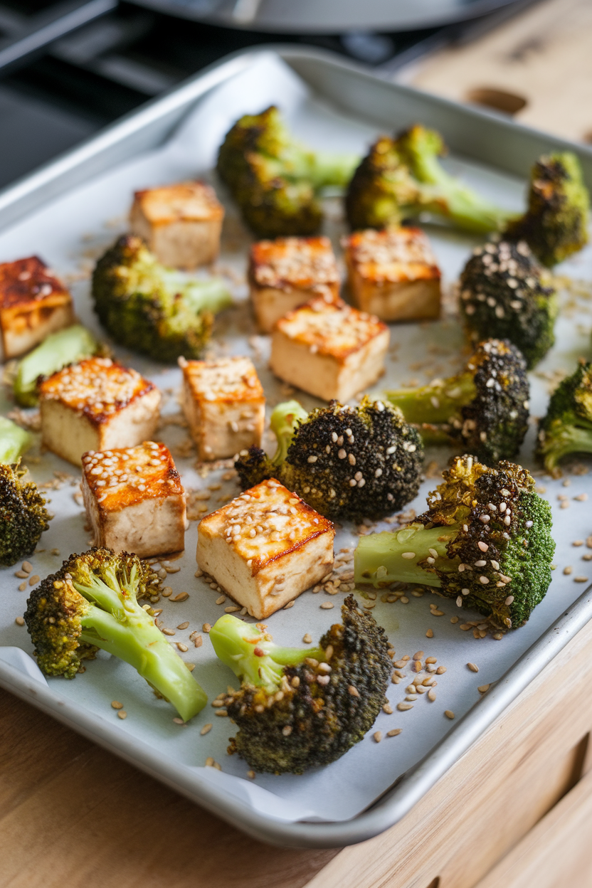 Indoor photo of a sheet pan with roasted tofu cubes and broccoli florets drizzled with sesame seeds; no text or logos.