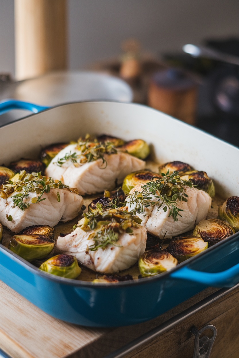 Indoor photo of an enamel pan holding baked cod fillets topped with herbs, alongside caramelized Brussels sprouts. No text or logos.