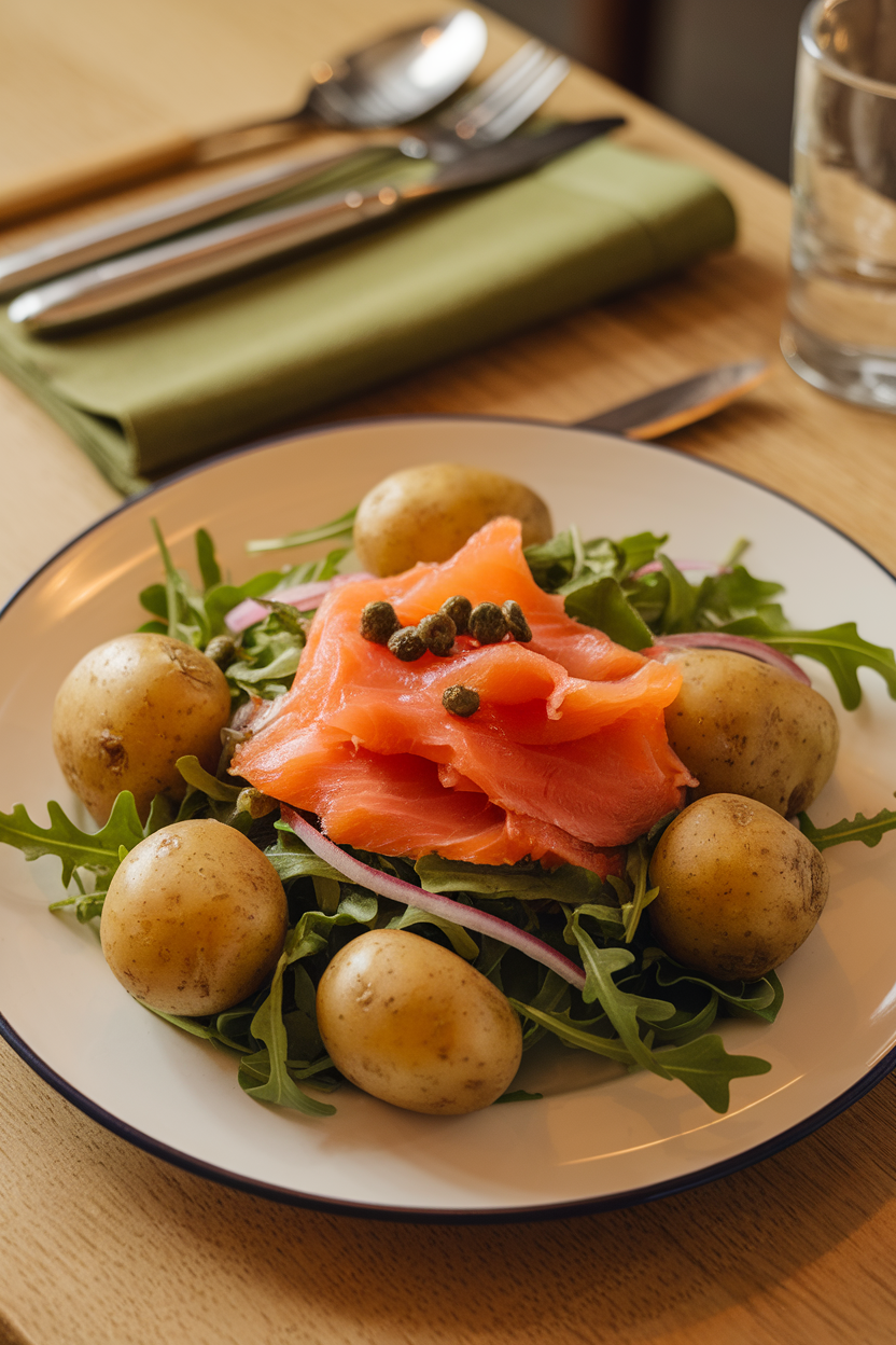 Photo of an indoor dining table with a composed salad of cooked baby potatoes, arugula leaves, sliced smoked salmon, capers, and red onion. No text or logos in scene.