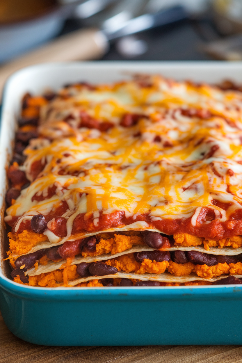 An indoor photo of a baking dish containing layered corn tortillas, mashed sweet potatoes, black beans, and red enchilada sauce, cheese melted on top. No text or logos.