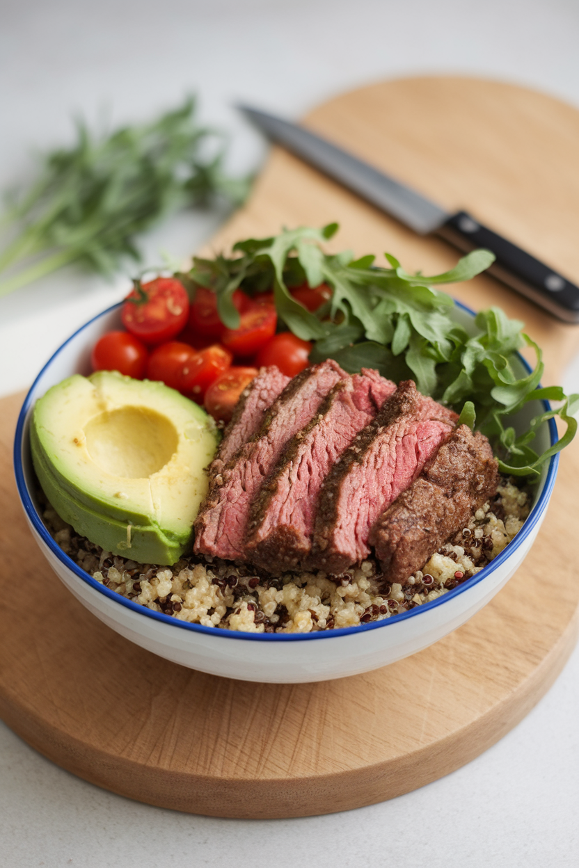 Indoor bowl layered with cooked quinoa, sliced avocado, seasoned beef, cherry tomatoes, and arugula—no text or logos.