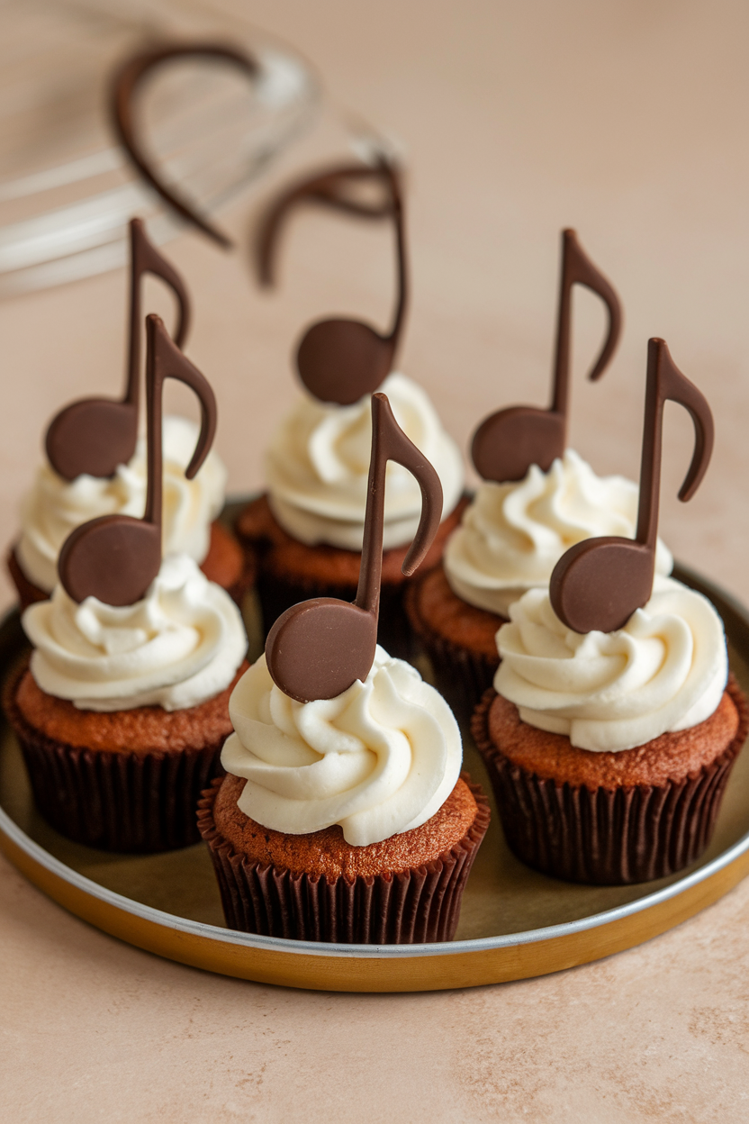 Photo of indoor music-themed dessert tray with cupcakes topped by chocolate musical note picks on white buttercream, no text or logos.