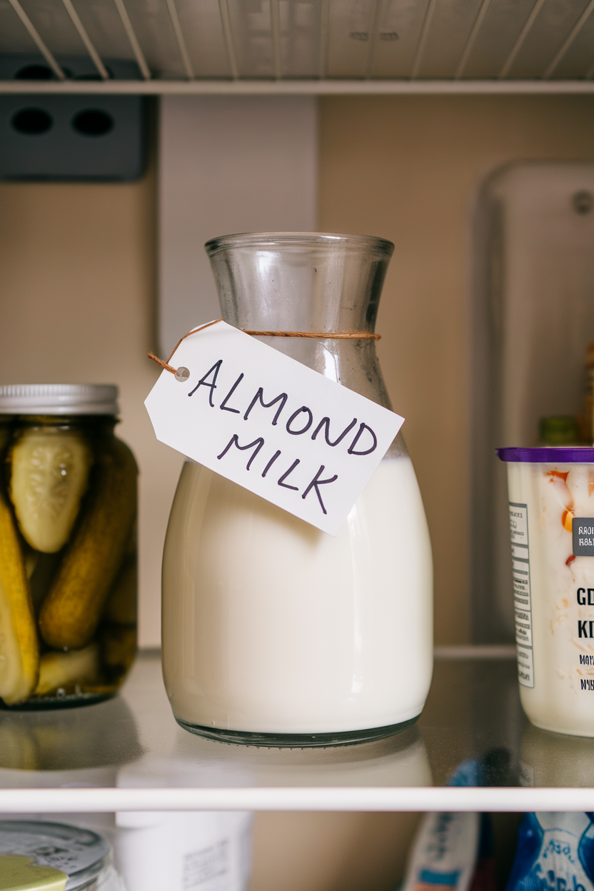An indoor refrigerator door with a plain glass carafe labeled “almond milk” by a handwritten tag, no commercial logos.