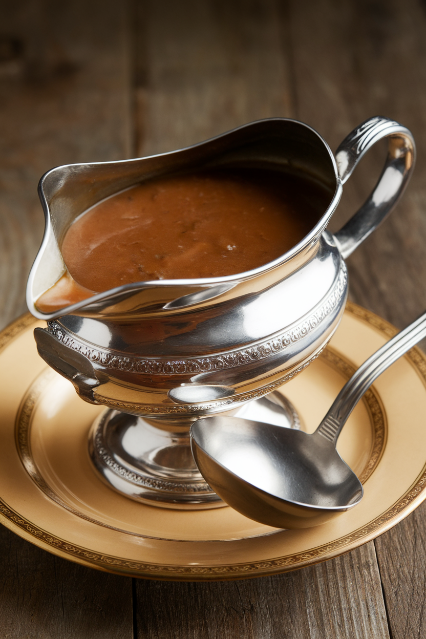 An indoor gravy boat filled with rich brown gravy, ladle nearby, photo, no text or logos.
