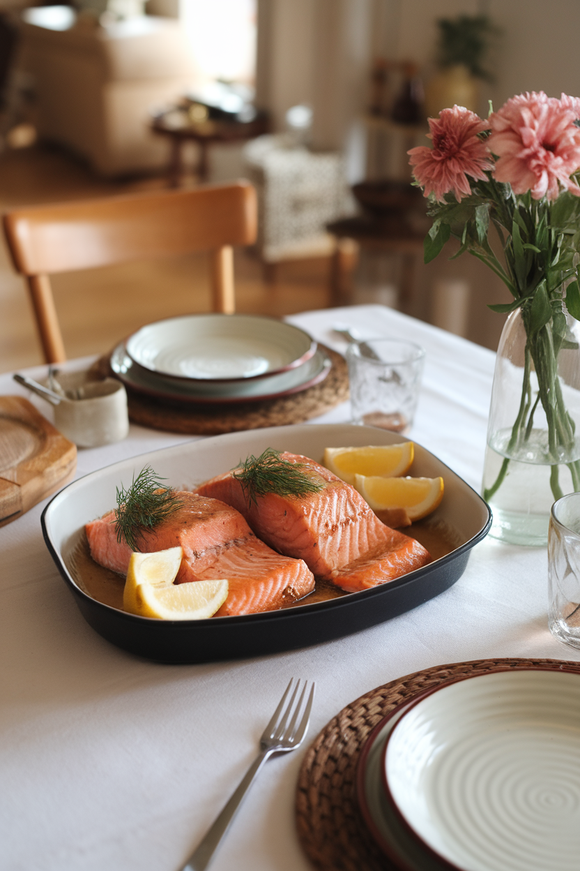 A cozy indoor dining table displaying cooked salmon fillets brushed with maple-mustard glaze, garnished with dill sprigs and lemon slices, photo, no text or logos.