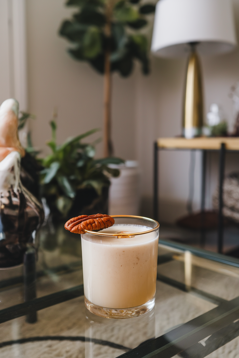 An indoor living-room coffee table holding a short glass of creamy off-white cocktail, candied pecan resting on the rim. No text or logos; photograph, not illustration.