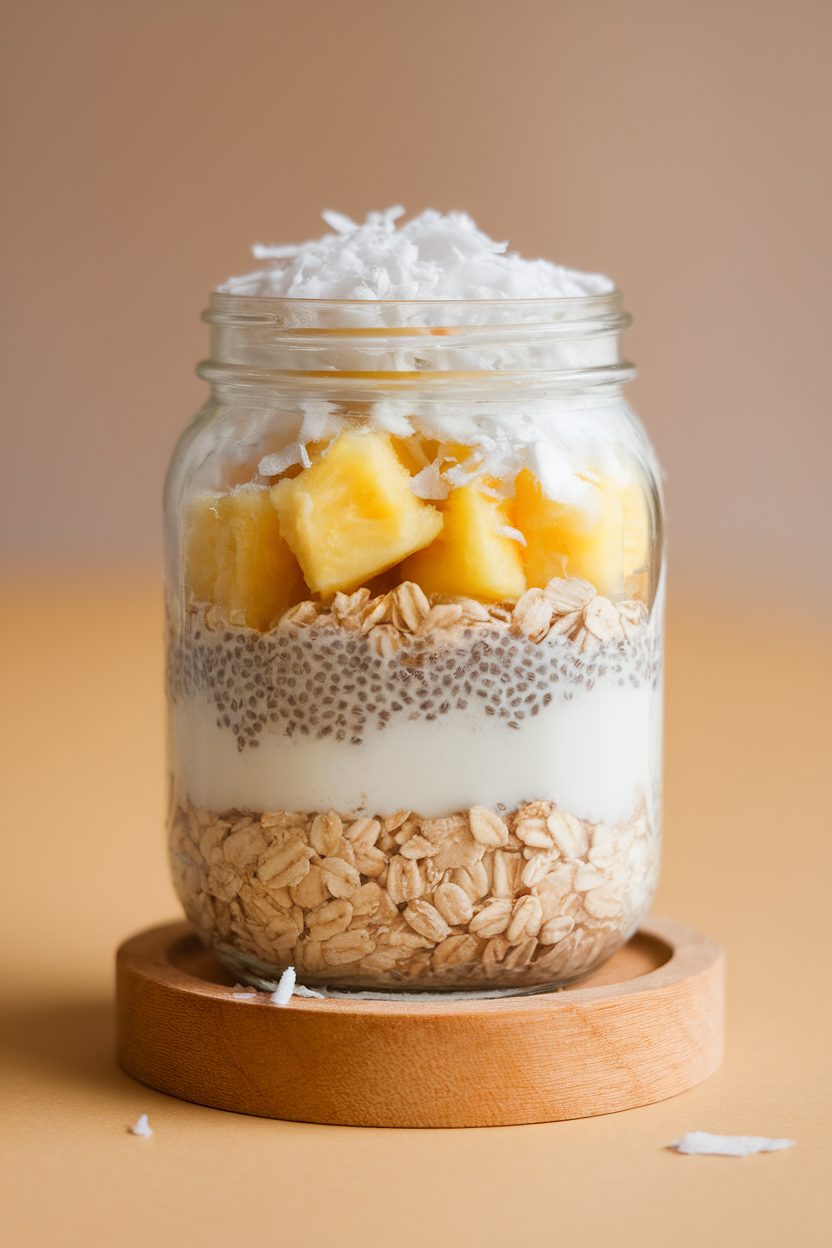 Indoor mason jar filled with layered oats, chia seeds, coconut milk, and pineapple chunks, topped with shredded coconut. No text or logos.