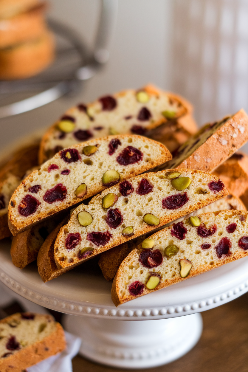 A white indoor platter showing long slices of biscotti studded with dried cherries and green pistachios, background blurred. No text or logos, photo only.