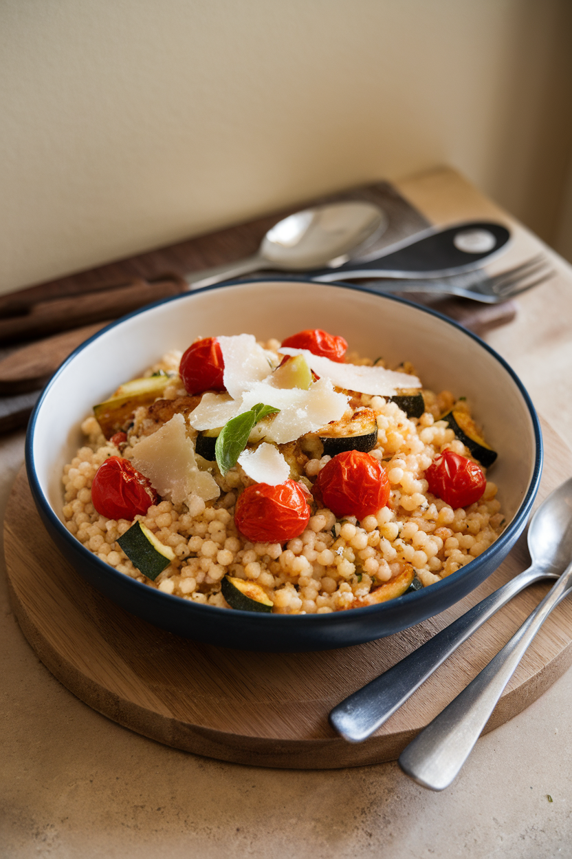 Photo of an indoor dining setting with a bowl of warm pearl couscous mixed with roasted cherry tomatoes, zucchini, and basil, finished with parmesan shavings. No text or logos.