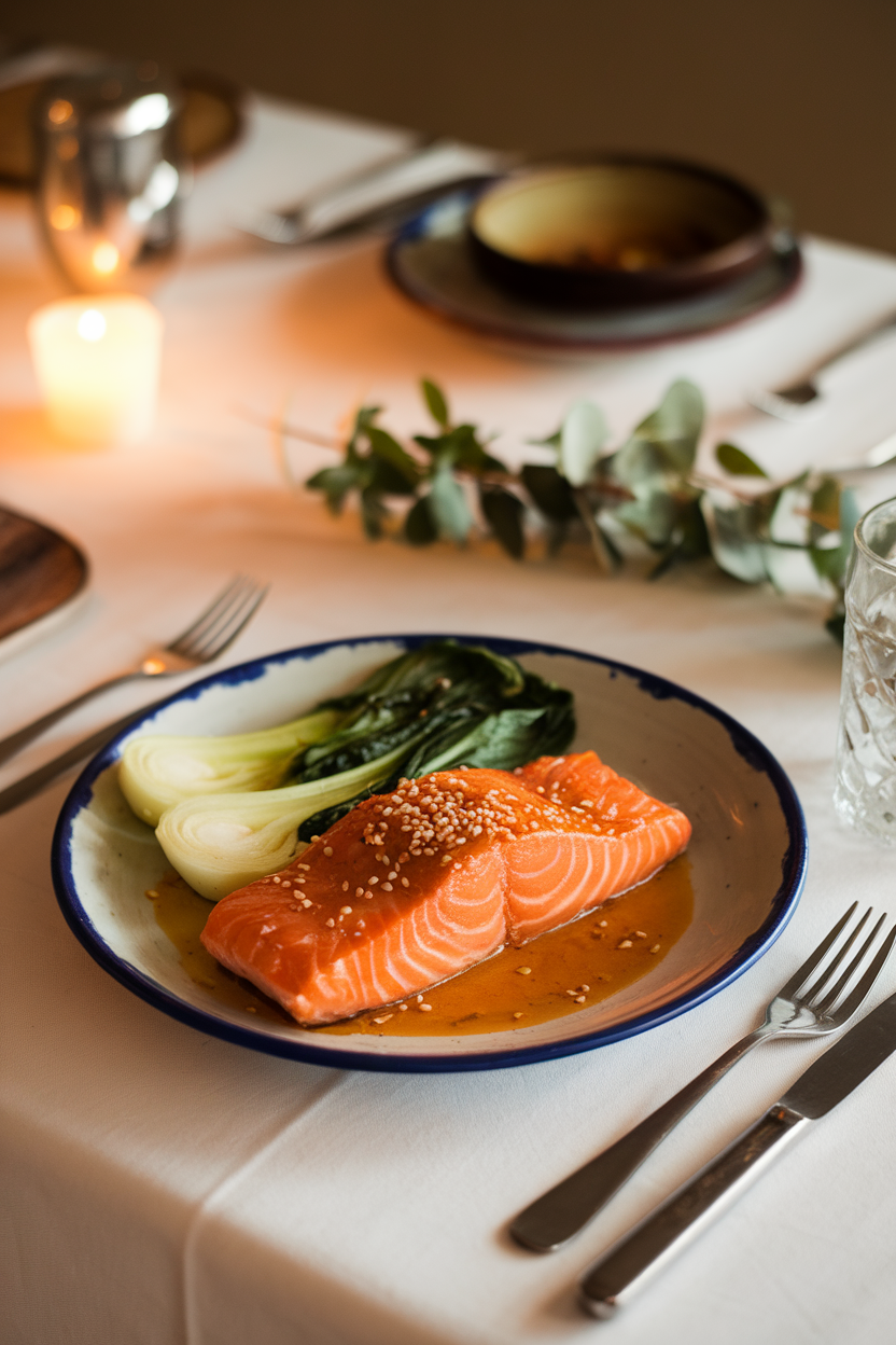 Photo of an indoor table with a plate of cooked salmon fillet glazed with golden miso sauce, sprinkled with sesame seeds, and served with steamed bok choy. No raw fish, logos, or text.
