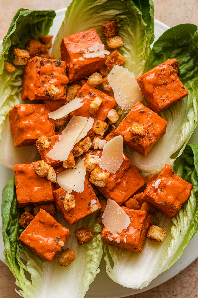Indoor photo of crispy baked tofu cubes coated in buffalo sauce on romaine hearts with shaved Parmesan and whole-grain croutons. Overhead lighting, no text or logos.