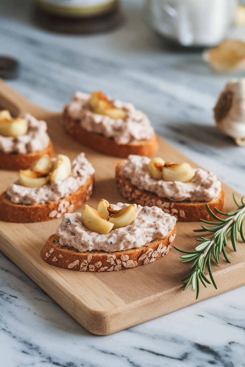 Indoor cutting board holding whole-grain crostini topped with creamy white bean spread and roasted garlic cloves—photo, no text or logos.