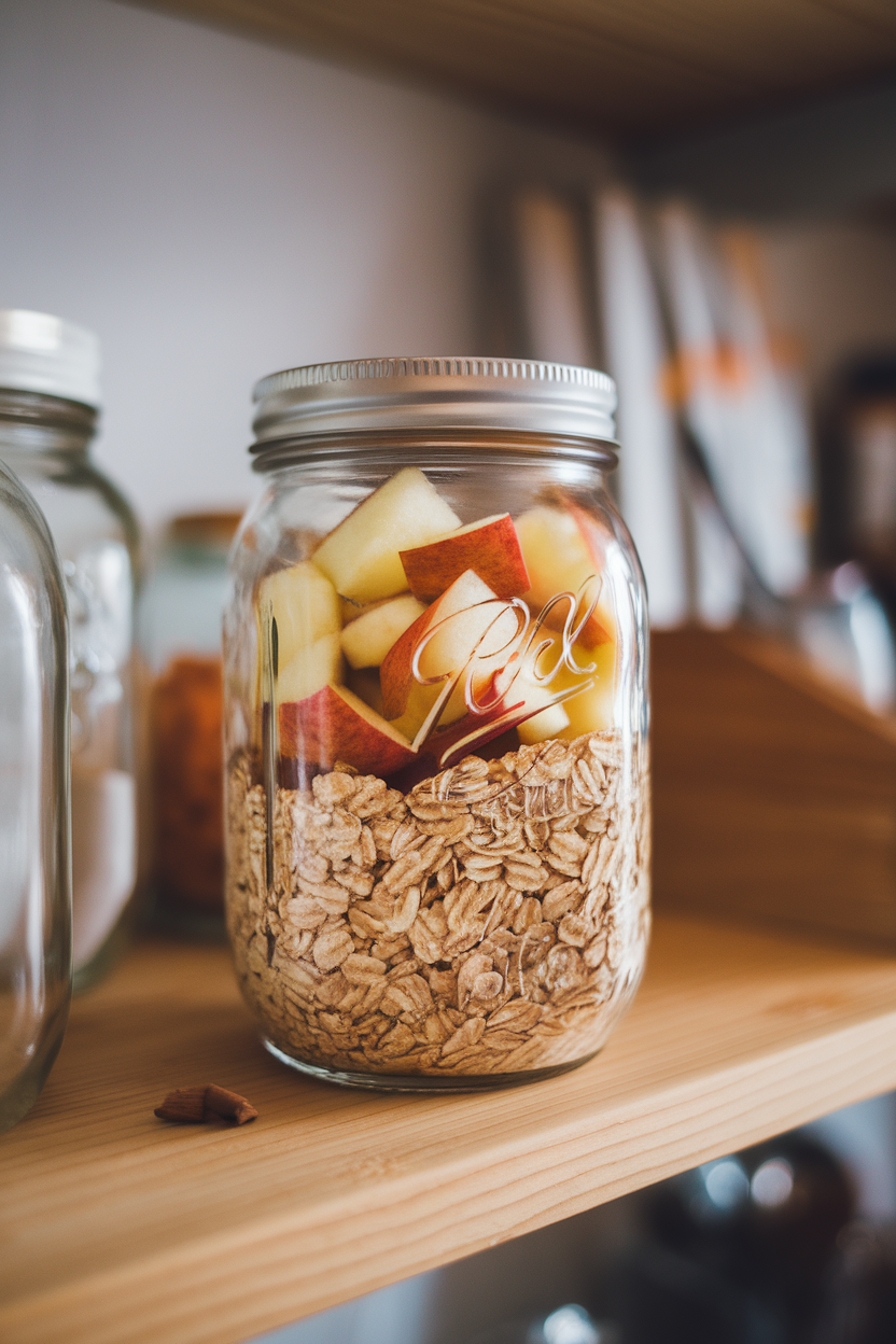 Photo of a mason jar layered with oats, diced apples, and cinnamon, sitting on an indoor kitchen shelf with soft lighting. No text or logos. Photo, not illustration.