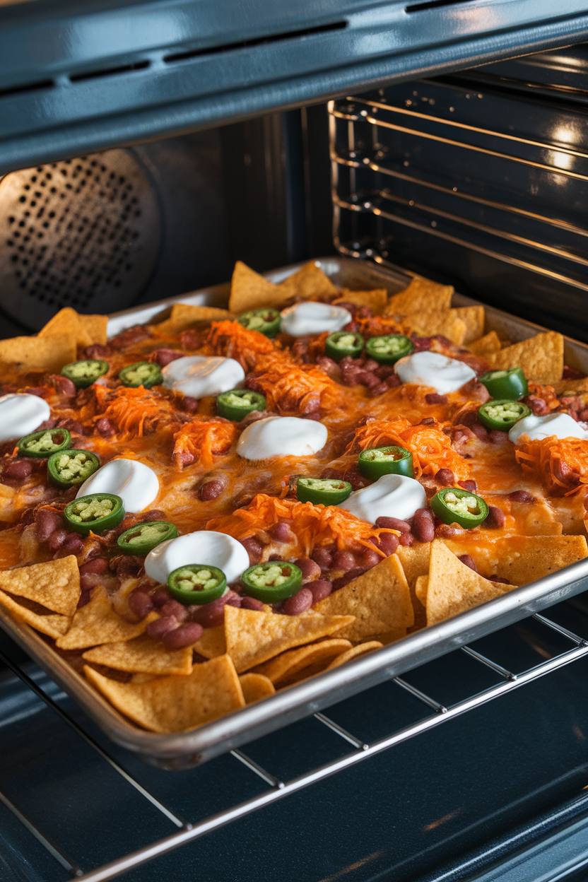 Indoor baking sheet layered with tortilla chips, melted cheese, jalapeños, beans, and sour cream dollops; no text or logos