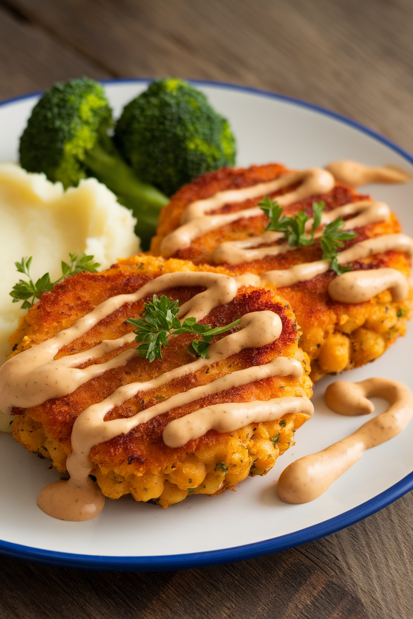 An indoor dinner plate featuring two golden breaded chickpea cutlets drizzled with creamy Dijon sauce, garnished with parsley. This should be a photo, not an illustration. No text or logos anywhere in the scene.