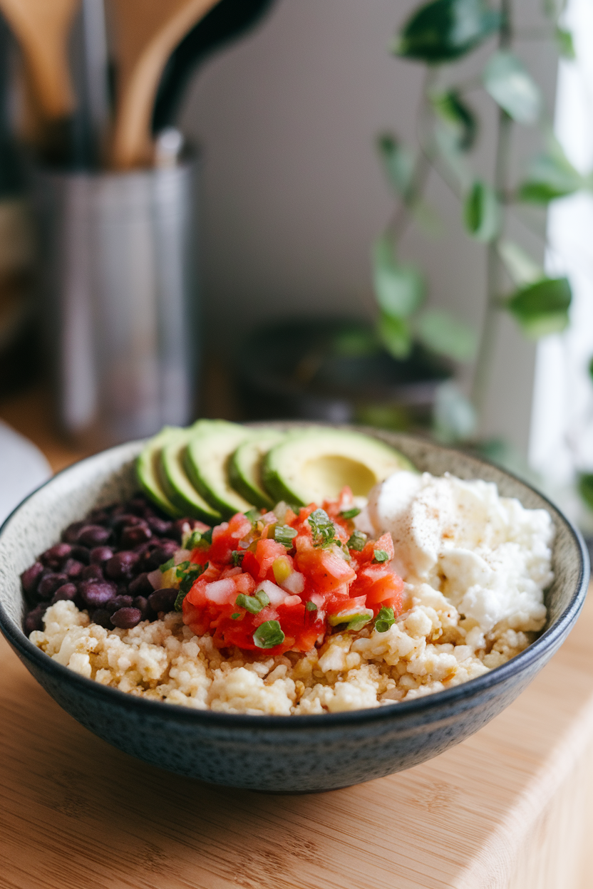 Indoor bowl featuring seasoned cauliflower rice topped with black beans, salsa, avocado slices, and scrambled egg whites. No text or logos.