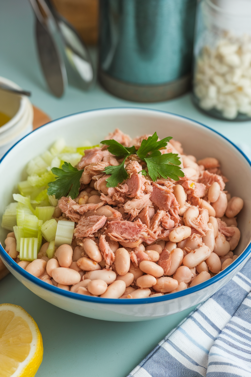 Photo of an indoor kitchen table showing a bowl of white beans mixed with flaked cooked tuna, chopped celery, and flat-leaf parsley, drizzled with lemon oil. No logos or text present.