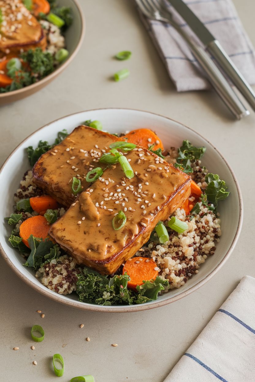 Indoor photo of pan-seared tempeh coated in honey mustard glaze on shredded kale, quinoa, and roasted carrots. Neutral tabletop, no text or logos.
