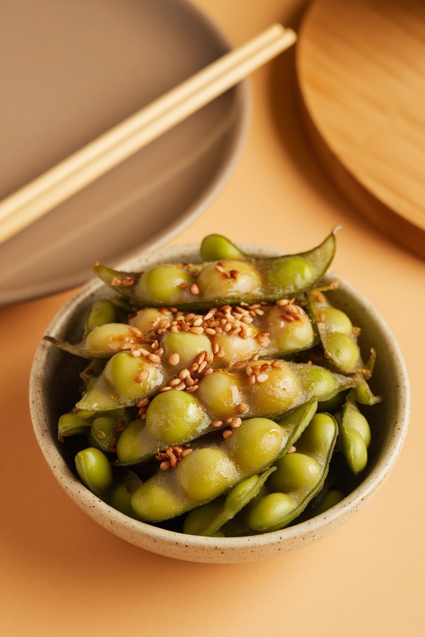 Indoor photo of a shallow bowl of steamed edamame pods glistening with sesame oil and sprinkled with toasted seeds, chopsticks nearby. No text or logos.