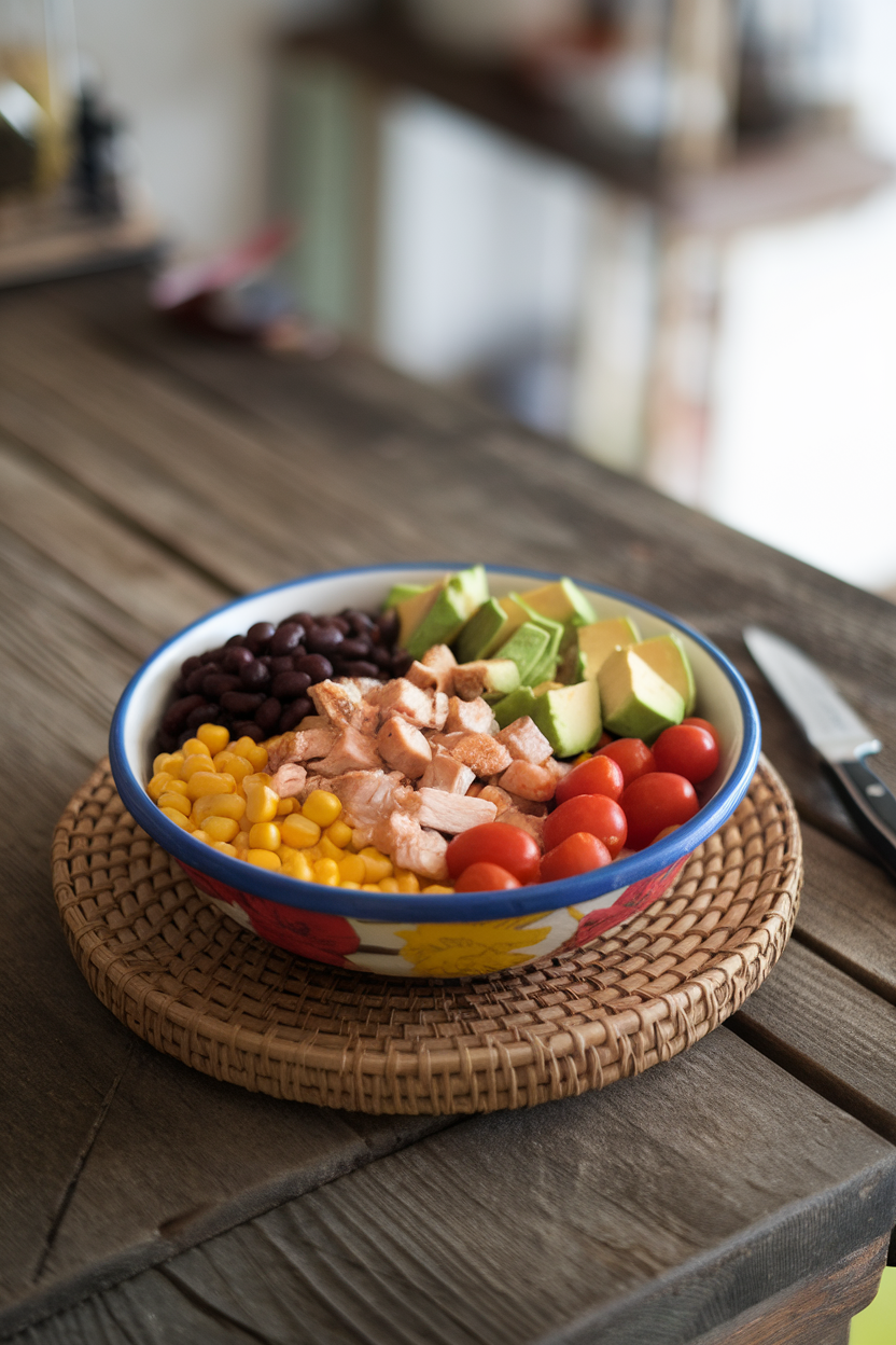 A rustic wooden indoor countertop showcasing a colorful bowl of diced chicken, ripe avocado cubes, black beans, corn, and cherry tomatoes — photo only, no logos, no outdoor light