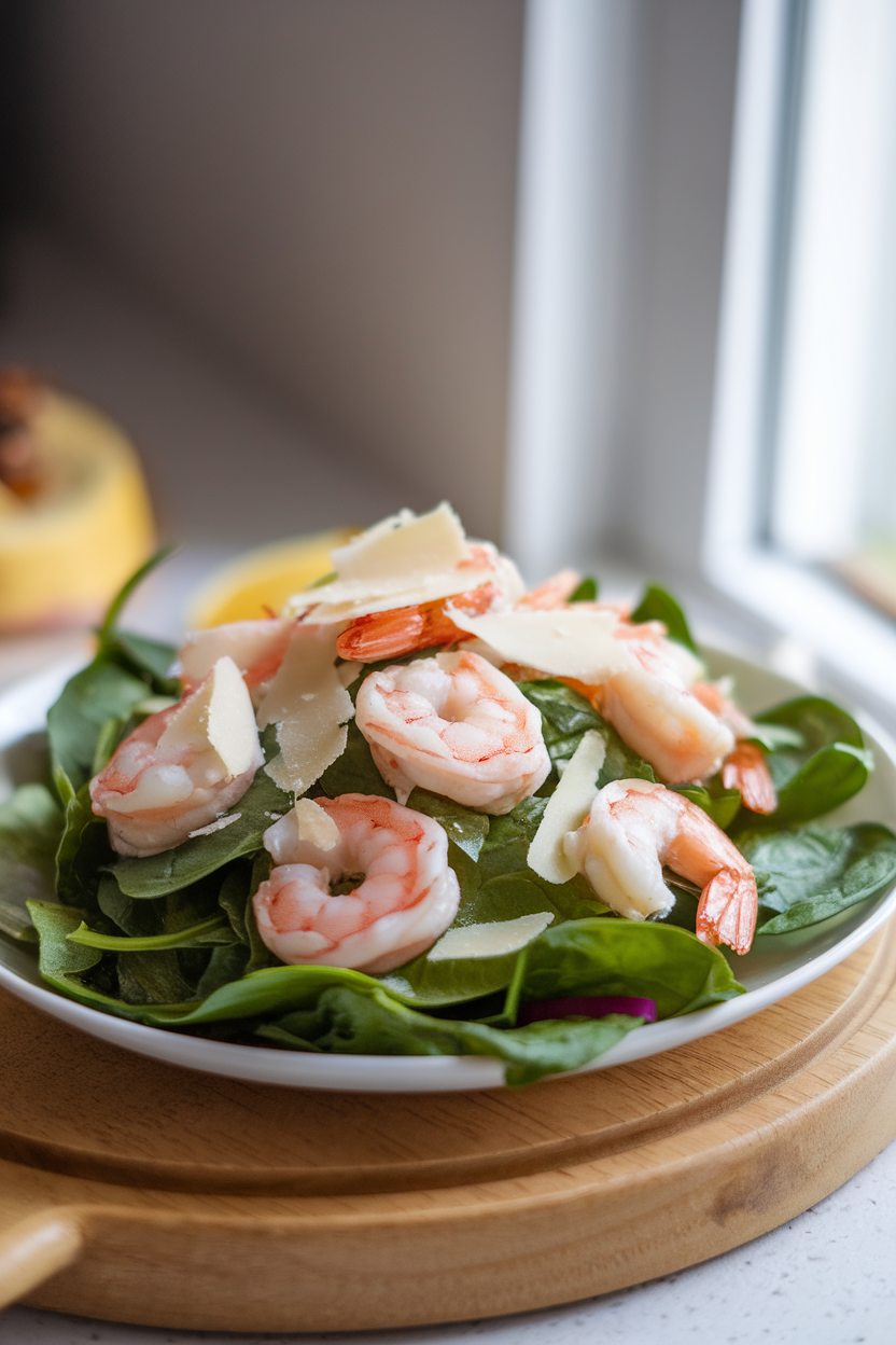 Indoor salad plate photo of baby spinach topped with marinated artichoke hearts, cooked shrimp, and shaved Parmesan; soft window light, no text or logos.
