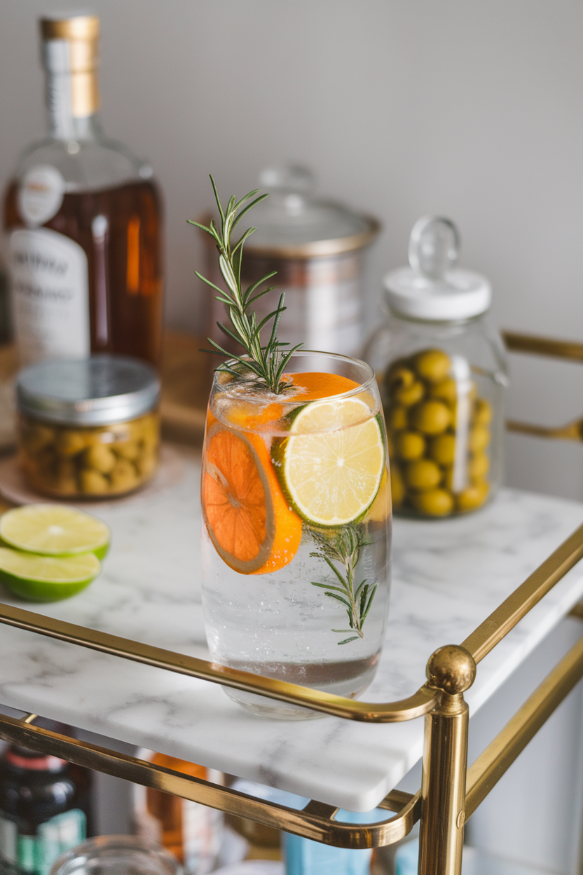 An indoor bar cart showing stemless glasses of sparkling water with floating orange, lime, and grapefruit slices plus a sprig of rosemary. Effervescent bubbles captured mid-rise; no text or logos. Photo only.