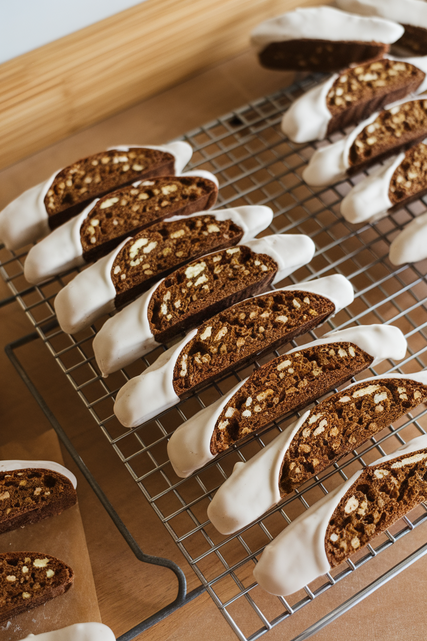 Indoor rack with long biscotti flavored with molasses and ginger, ends dipped in white chocolate. Photo, no text or logos.