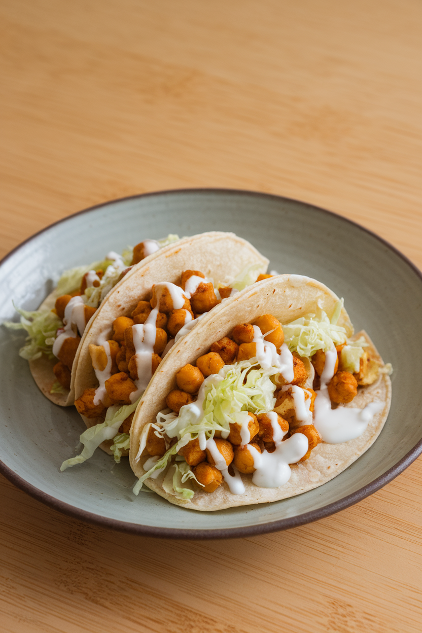 Soft corn tortillas filled with curry-spiced roasted chickpeas, shredded cabbage, and yogurt drizzle on an indoor plate, no text or logos.