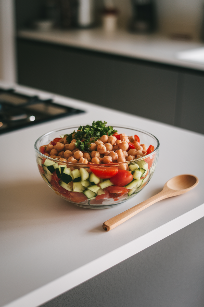 An indoor kitchen island featuring a glass bowl of colorful salad with chickpeas, diced cucumber, cherry tomatoes, and parsley. Photo, no text or logos.