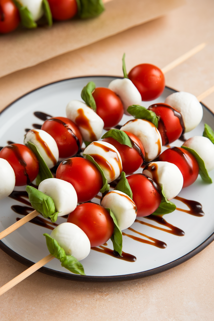 Indoor dining table showing short wooden skewers alternating cherry tomatoes, mini mozzarella balls, and fresh basil leaves, drizzled with balsamic glaze. No text or logos. Photo only.