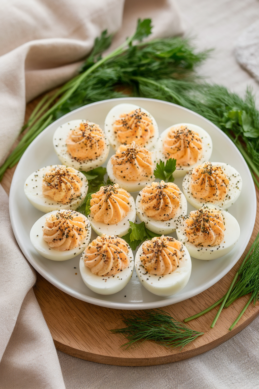 An indoor platter of halved deviled eggs sprinkled with everything bagel seasoning, no text or logos.