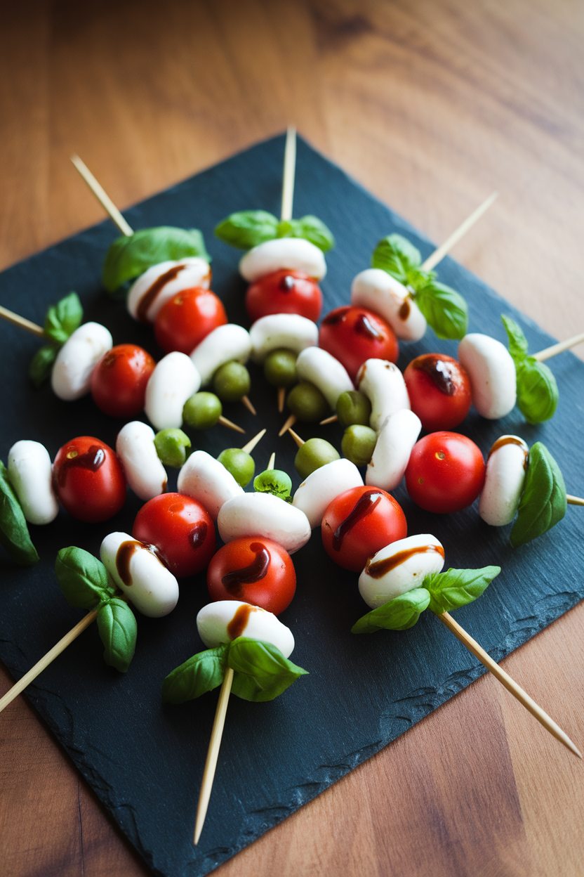 Indoor photo of short bamboo skewers threaded with cherry tomato halves, baby mozzarella, and fresh basil leaves, lightly drizzled with balsamic glaze on a slate board. Gentle side lighting, no text or logos.