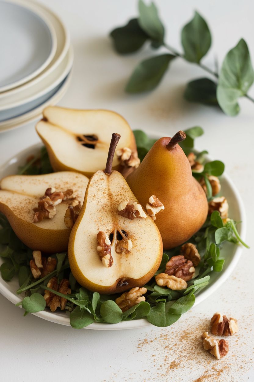 An indoor serving plate of tender poached pear halves sprinkled with chopped walnuts and cinnamon; no text or logos.