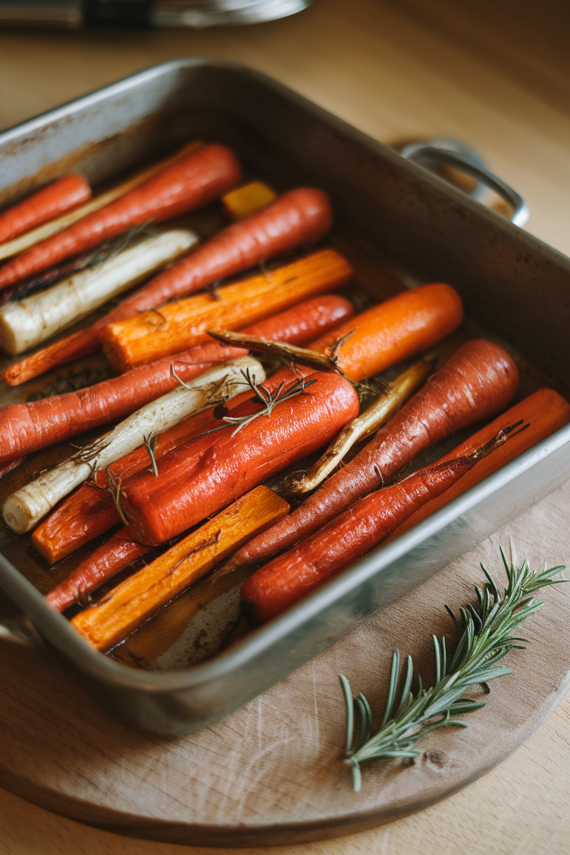 Indoor baking dish filled with roasted carrots, parsnips, and sweet potatoes tossed in garlic and herbs, edges caramelized. Warm lighting; no text or logos.