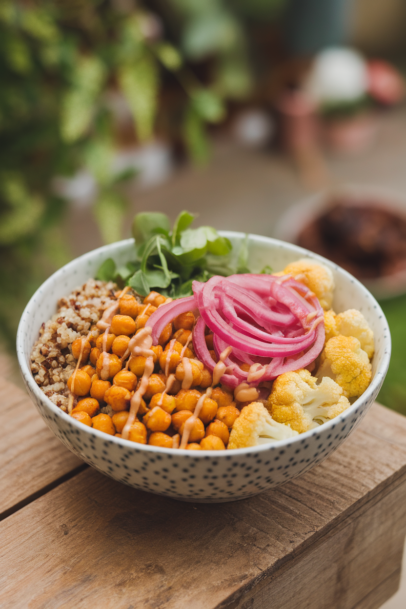 Indoor lunch bowl with turmeric-roasted chickpeas, quinoa, roasted cauliflower, and pickled red onions, tahini drizzle on top. No text or logos; photo.